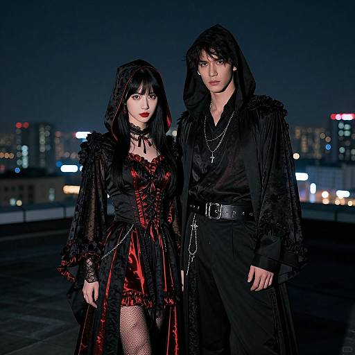 Photograph of gothic couple on rooftop at night; woman in red satin dress, black lace, fishnet stockings; man in black hooded coat