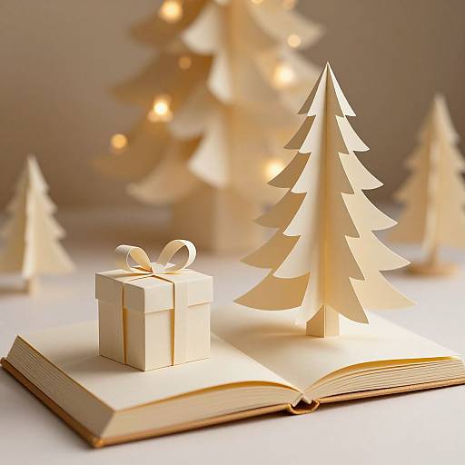 Photograph of an open book displaying a paper Christmas tree and gift box, with blurred, lit paper trees in the background.