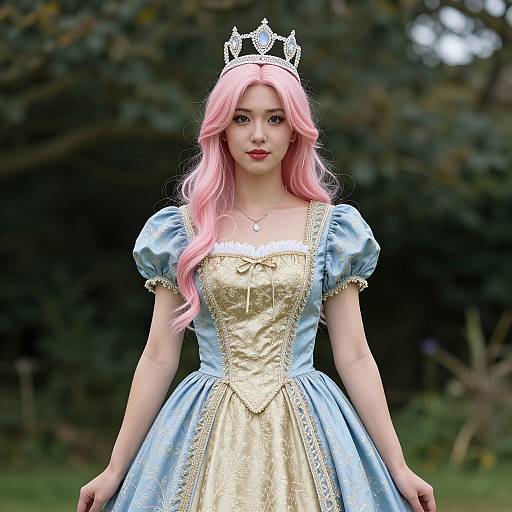 Elegant Woman in Blue-Gold Dress