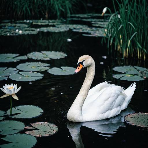 Swan on Pond with Lilies at Night