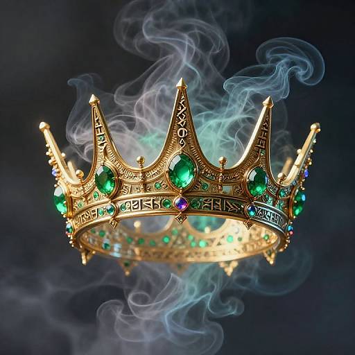 Photorealistic digital image of a golden crown adorned with green, blue, and purple gemstones, surrounded by ethereal blue smoke against a dark background