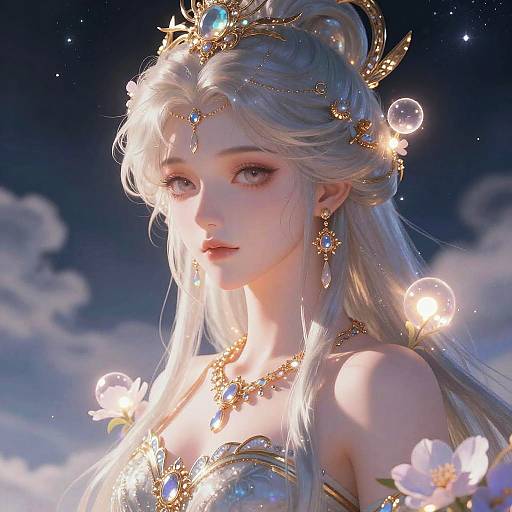 Digital artwork of a fair-skinned, ethereal woman with long silver hair, adorned in gold jewelry and glowing orbs, set against a twilight sky with