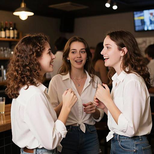 Photograph of three smiling women in a dimly-lit bar, wearing white knotted blouses and blue jeans, laughing and engaging in conversation.