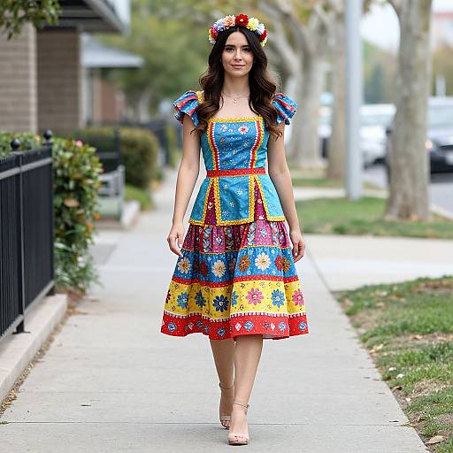 Photograph of a woman with long dark hair, wearing a colorful, patchwork, square-patterned dress and floral headband, walking down a suburban