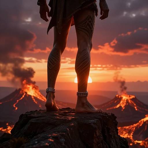 Silhouetted warrior stands on rocky ledge, facing erupting volcanoes at sunset; adorned with anklets, tribal tattoos, against fiery orange sky