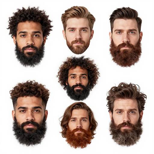 Photograph of seven male faces with diverse beards on a white background, showcasing curly, thick, and styled hair, and various beard lengths and textures