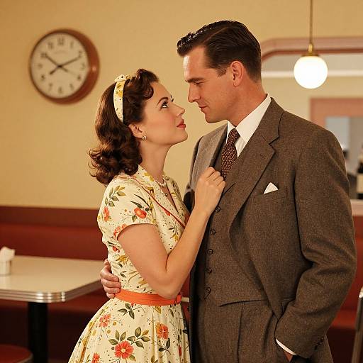 Vintage photograph of a 1950s couple in a diner. She wears a floral dress and headband, he in a brown suit. They gaze