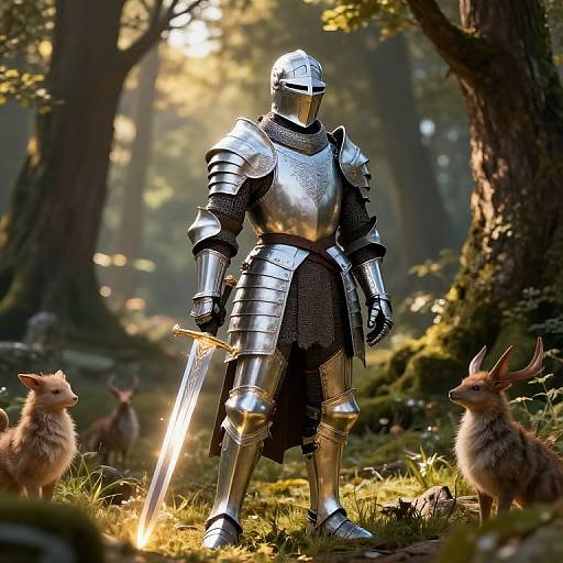 Knight in shiny silver armor with a sword, standing in a sunlit forest, surrounded by three brown deer. Photorealistic CGI.