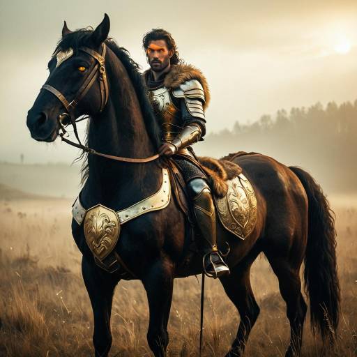 Fantasy Knight on Armored Black Horse with Golden Eyes