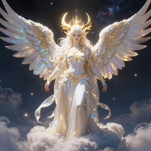 Digital art: Angelic blonde woman with glowing white wings, gold horns, and flowing white gown, standing on clouds against a starry night sky.