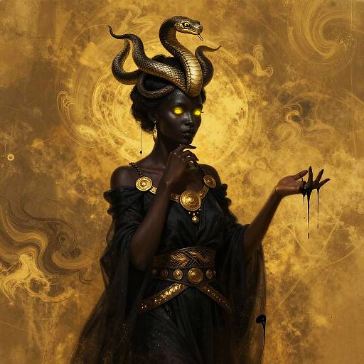 Digital artwork of a dark-skinned goddess with glowing yellow eyes, black serpent headdress, golden jewelry, and flowing black robe, set against a radiant