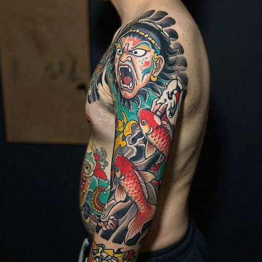 Photograph of a shirtless man with vibrant, traditional Japanese-style tattoo on his upper arm and shoulder featuring an angry face and colorful koi fish.