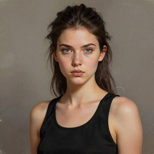 Photograph of a young woman with fair skin, blue eyes, and brown hair in a loose ponytail, wearing a black tank top, against a