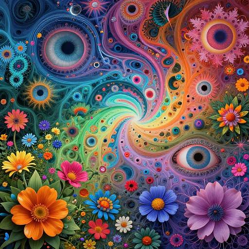 Vibrant digital artwork featuring swirling colorful patterns, large eyes, and a kaleidoscope of multicolored flowers and abstract circles, blending surrealism