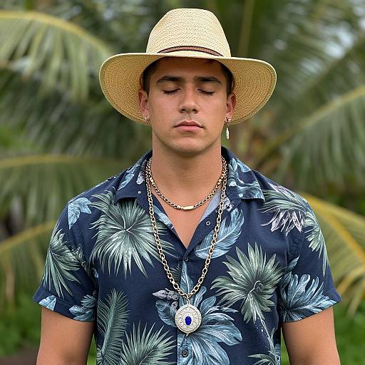 Photograph of a young man with tan skin, closed eyes, wearing a straw hat, dark floral shirt, silver chain, and pendant, against a
