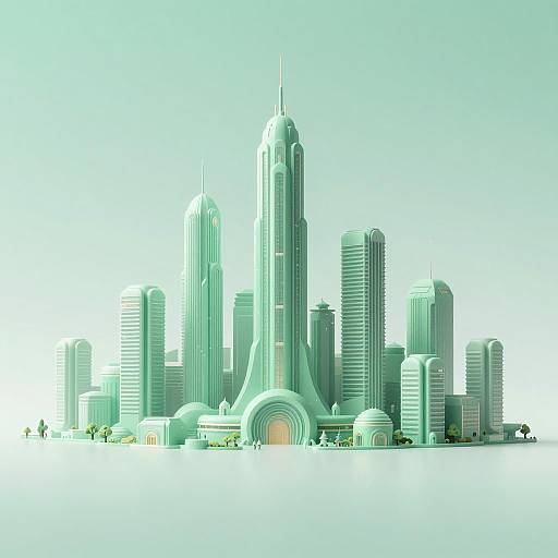 Futuristic City Skyline in Soft Mint Green