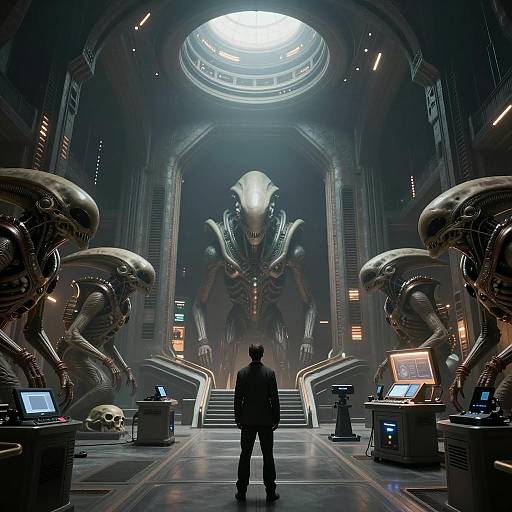 Sci-Fi Alien Spaceship Interior with Giant Alien Creature