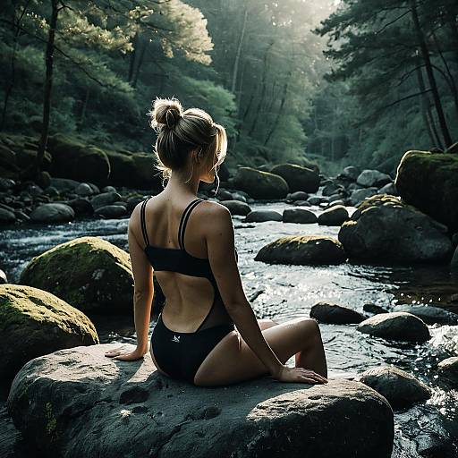 Woman Sitting on Rocks by Forest Stream