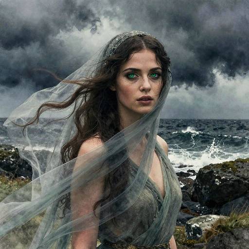 Photorealistic digital art: Dark-haired woman with green eyes, translucent veil, grey dress, standing by stormy ocean, rocky shore, cloudy sky