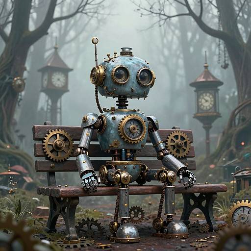 Steampunk Robot in Mystical Forest