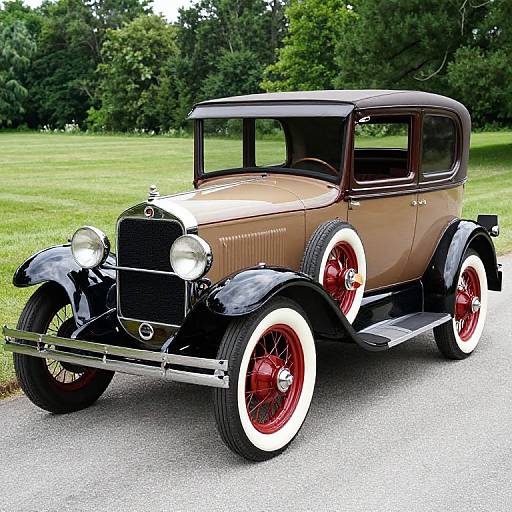 Photograph of a vintage brown and black classic car with red wheels, white-walled tires, and chrome accents, parked on a road in a green
