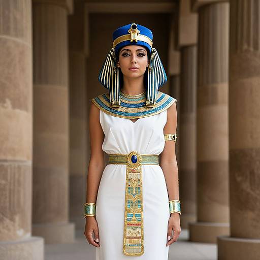 Photograph of a woman in ancient Egyptian attire: white dress, blue and gold headdress, striped headpiece, gold jewelry, standing in stone-column