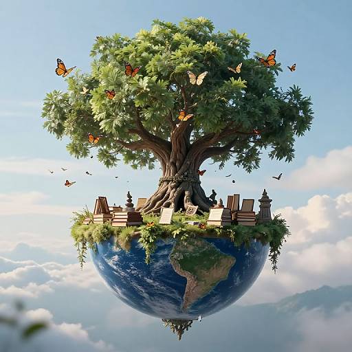 Fantastical digital artwork of a giant tree with lush green foliage, surrounded by butterflies, floating on a small, globe-shaped Earth, featuring a tiny