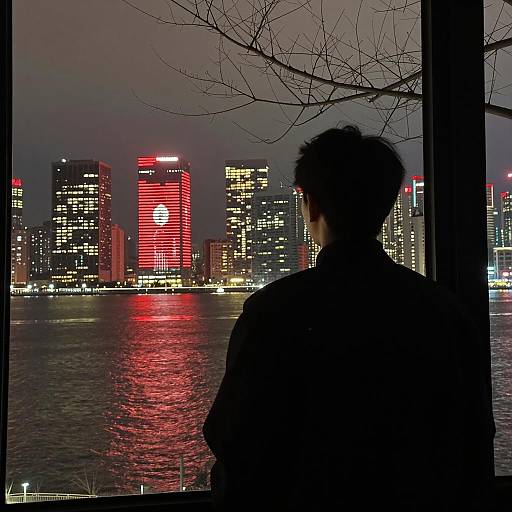 Silhouette in Window Overlooking Cityscape