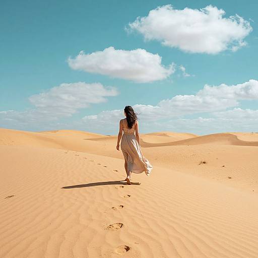 Photograph of a woman with long black hair in a flowing white dress walking through a bright, sunlit desert with sand dunes and a clear blue