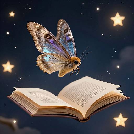 Photograph of a glowing blue and brown butterfly with spotted wings hovering over an open book, surrounded by twinkling stars in a dark night sky.