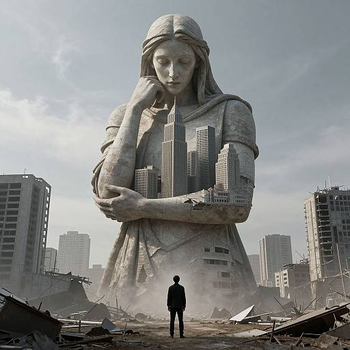Photorealistic CGI: Giant stone statue of a sorrowful woman in a dress stands amidst a ruined cityscape, with a small silhouetted