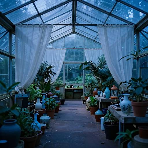 Photograph of a blue-lit greenhouse with white curtains, potted plants, and ceramic vases on wooden tables, creating a serene, botanical scene