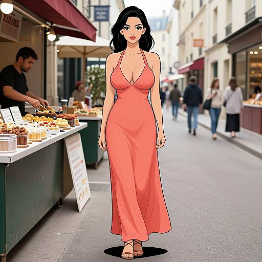 Digital illustration of a curvy, black-haired woman in a revealing, coral-orange, deep V-neck dress walking down a busy, European street with outdoor