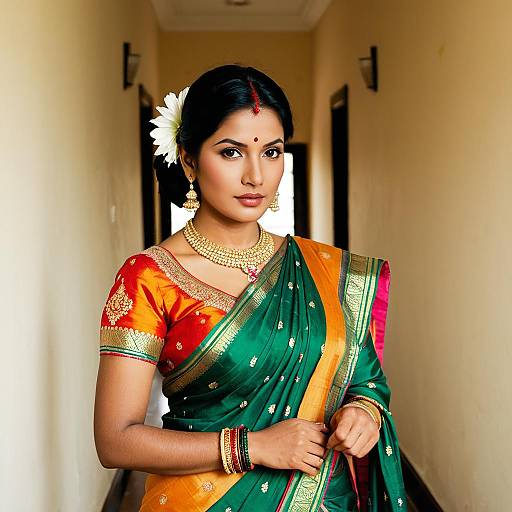 Indian Woman in Traditional Saree in Hallway