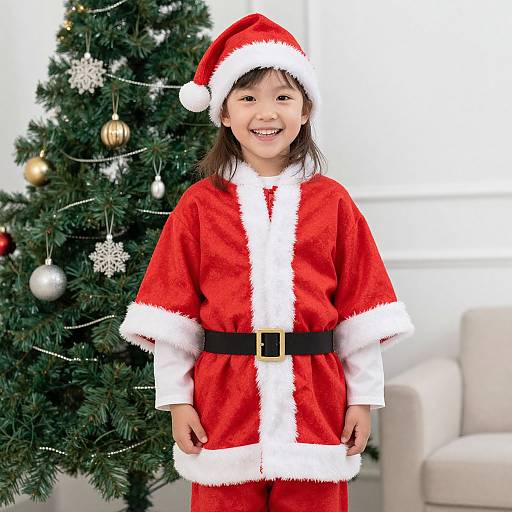 Photograph of a smiling young Asian girl in a red Santa dress and hat, standing in front of a decorated Christmas tree.