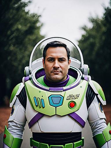 Photograph of a man in a green and white astronaut suit with a clear helmet, standing outdoors with blurry green trees in the background. Bright colors,