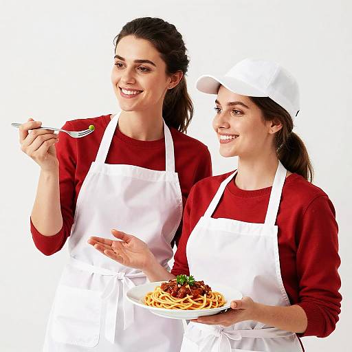 Photograph of two smiling women with dark hair in red shirts and white aprons, one holding a fork and the other a plate of pasta.