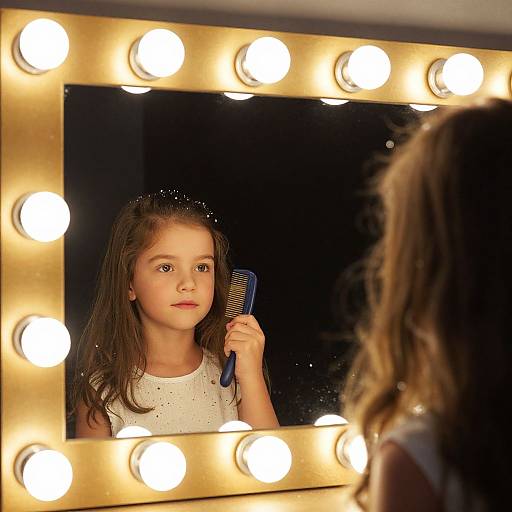 Photograph of a young girl with long brown hair, wearing a white sleeveless top, standing in front of a brightly lit mirror holding a blue comb