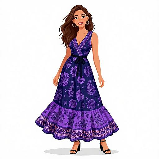 Digital illustration of a smiling woman with long brown hair, wearing a sleeveless, deep purple, floral-patterned maxi dress and black high heels, standing