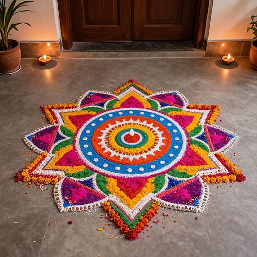 Vibrant, intricate floral mandala on concrete floor with orange, red, blue, green, yellow petals, surrounded by lit candles, wooden door