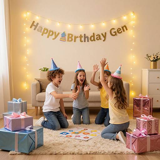 Photograph of three laughing children in party hats kneeling on a white rug in a brightly lit living room, surrounded by wrapped gifts and 