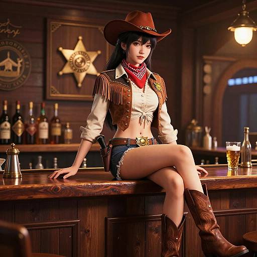 Digital art of an attractive Asian woman in cowboy attire, sitting on a bar counter, with a beer glass and star-shaped wall decoration in the background.