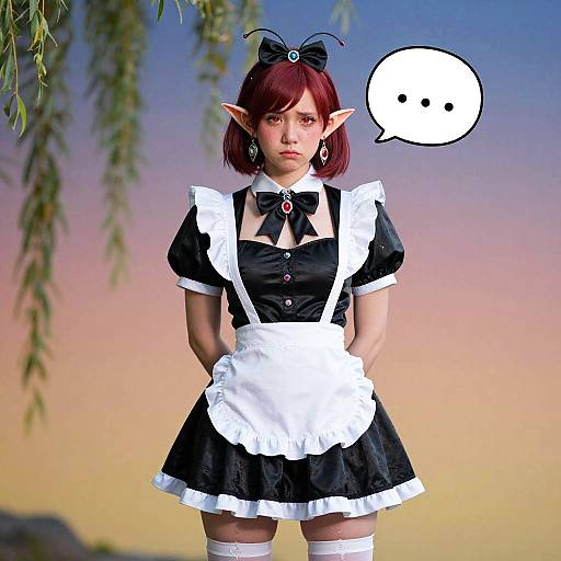 Digital anime-style elf girl in black and white maid outfit, red bob hair, pointy ears, neutral expression, speech bubble with ellipsis, sunset