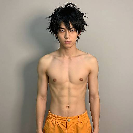 Digital portrait of a slim, shirtless Asian man with messy black hair, wearing orange pants, standing against a plain gray background.