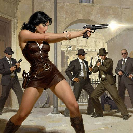 Digital artwork of a fierce, dark-haired woman in a brown leather dress, aiming a gun at five suited men in hats, in a dimly lit