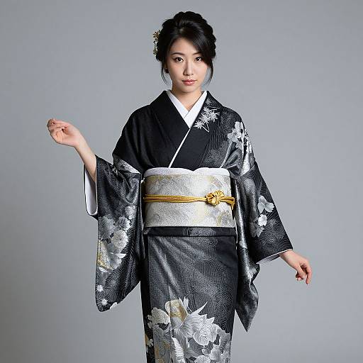 Photograph of an Asian woman in a black floral kimono with white and silver accents, gold obi belt, and updo hairstyle, standing against