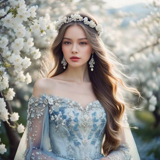 Young Woman in Elegant Floral Embroidered Gown Outdoors