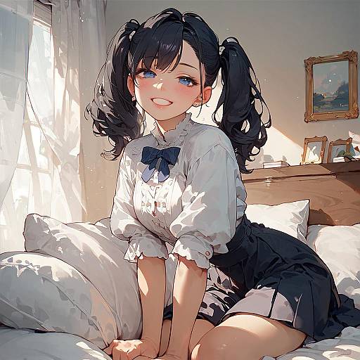 Smiling Anime Girl with Twintails in Bedroom