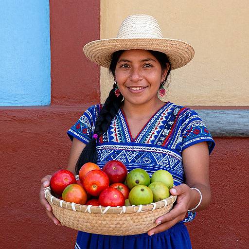 Young woman with dark skin, long black hair in braid, wearing a straw hat and blue embroidered dress, smiles while holding a basket of red apples