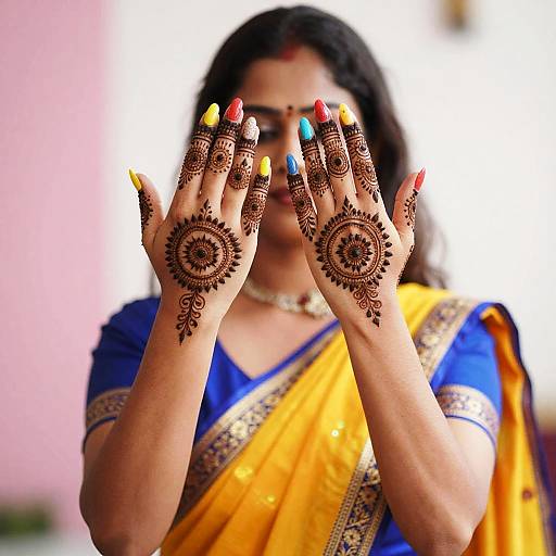 Woman in Sari with Detailed Henna
